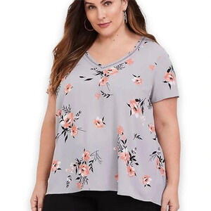 Womens Torrid Grey Casual Eyelet Short Sleeve Floral V-Neck Blouse Shirt size 1X